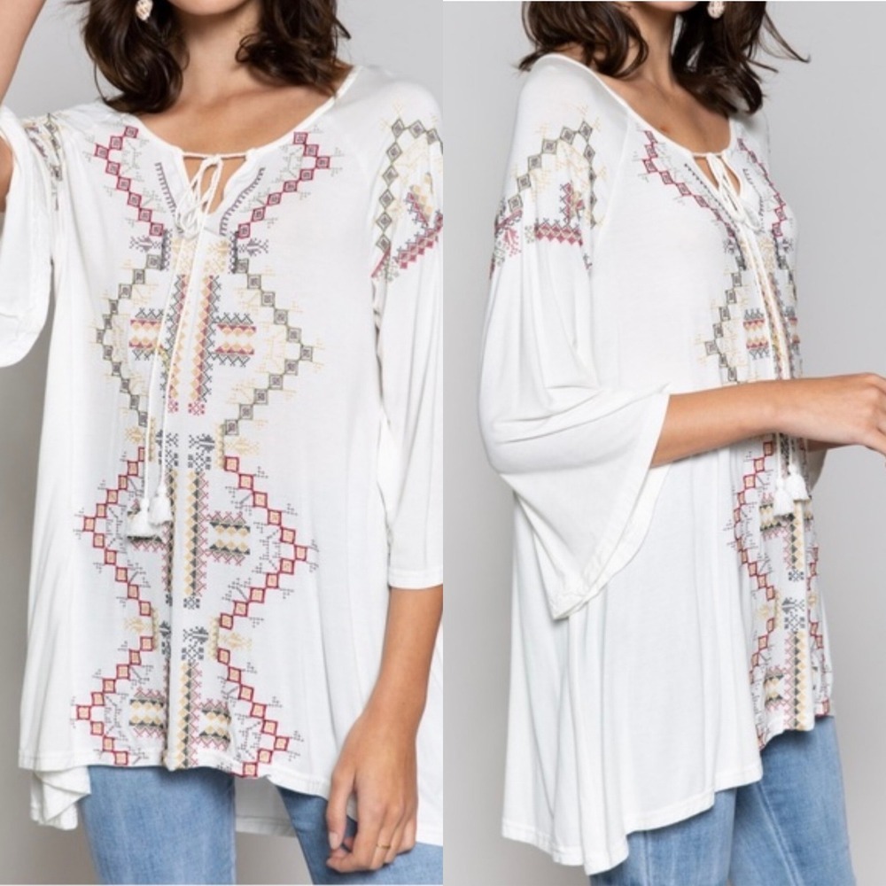 POL‎ White Embroidered Tunic Top Small Bohemian Festival 3/4 Sleeve